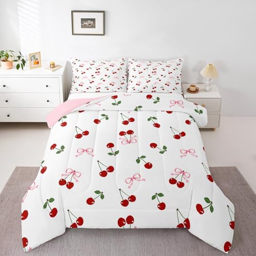 Image of Feelyou Cute Bows Cherry Bedding Set Queen Size Kids Watercolor Bow Comforter Set for Boys Girls Teens Summer Fruit Duvet Quilt Breathable Soft Lightweight Microfiber Bowknot Room Decor