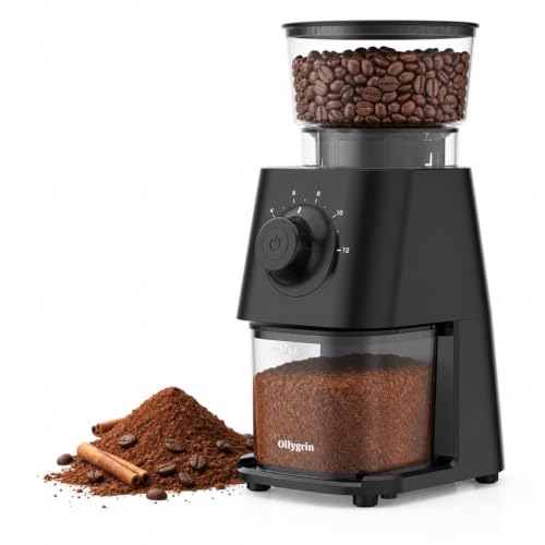 Ollygrin Electric Conical Burr Coffee Grinder, Anti-Static Burr Mill with 30 Precise Grind Settings, Compact Home Coffee Bean Grinder for Espresso & French Press,2-12 Cups, Black Silver