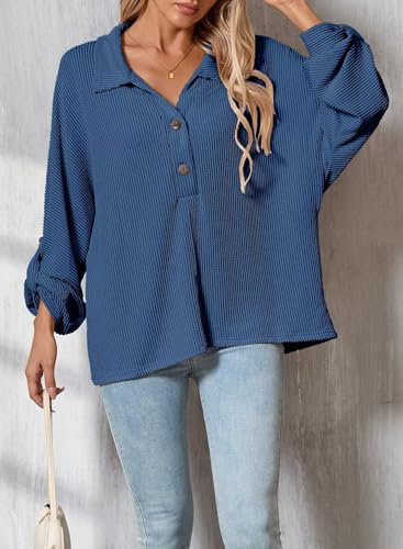 Astylish Women's Casual Blouses Button Down Business Batwing Tops Long Sleeve V Neck Ribbed Shirts 2025 Fall Outfit4