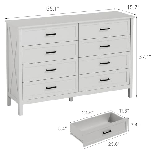 Image of LYNSOM Farmhouse 8 Drawer Dresser for Bedroom, 55 Inch Wide Wood Rustic Chest of Drawers with X-Marking & Bar Handle, Large Storage Dressers Organizer for Bedroom, Living Room, White