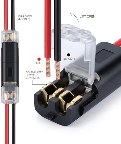 Wire Connectors Quick Connect 2 Pin Low Voltage Double Wire Plug in Connector with Locking Buckle, Solderless No-Stripping Design for LED Strip Lights, Automotive and Home DIY (100 PCS) — view 2