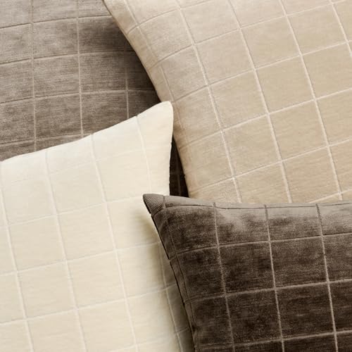 Image of MIULEE Cream Plaid Decorative Throw Pillow Covers 20x20 Set of 2 | Vintage Check Chenille Couch Pillows Neutral Boho Farmhouse Cushion Covers Modern Home Decor for Sofa Bed Living Room