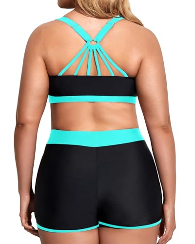 Image of Holipick Women Plus Size Swimsuits - Athletic 3 Piece Tankini with Shorts | Sports bikini top, high waist shorts, tank top, removable pads. Athletic style for water activties