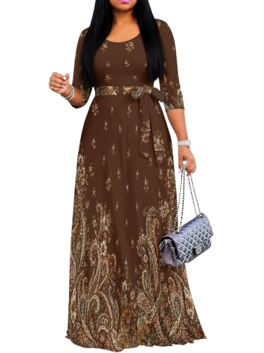 Image of Maxi Dress for Women with Sleeves, Empire Waist Dress | A-line shape, self-tie belt, side pockets and pull-on design; stretch fabric for church, work and casual wear