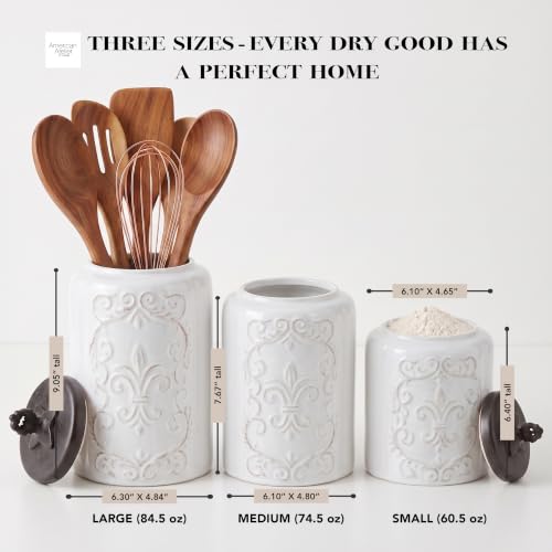 American Atelier Fleur de Lis White Canister Set 3-Piece Ceramic Jars in 84.5oz, 74.5oz, & 60oz Designed w/Airtight Stainless Steel Lids for Cookies, Candy, Coffee, Flour, Sugar, Rice, Pasta, Cereal - Image 4