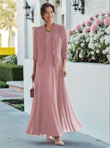 2 Piece Mother of The Bride Dresses with Jacket Lace Chiffon Tea Length 3/4 Sleeve Formal Dress for Women WQ113