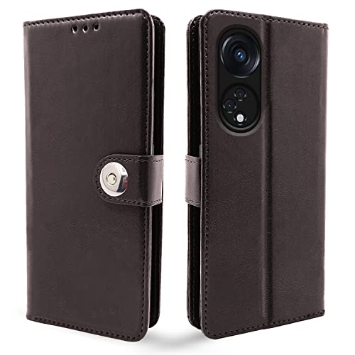 Image of Pikkme Oppo Reno 8T 5G Flip Cover Leather Finish | Inside TPU with Card Pockets | Wallet Stand and Shock Proof | Complete Protection Button Flip Case (Coffee)