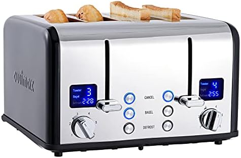 CUSIMAX 4 Slice Toaster, Ultra-Clear LED Display & Extra Wide Slots, Stainless Steel Toaster with Dual Control Panels of 6 Shade Settings, Cancel/Bagel/Defrost Function, Removable Crumb Trays, Black