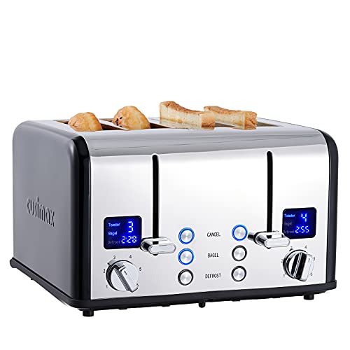 CUSIMAX 4 Slice Toaster, Stainless Steel, Ultra-Clear LED Display & Extra Wide Slots, with Dual Control Panels of 6 Shade Settings, Cancel/Bagel/Defrost Function, Removable Crumb Trays, Black