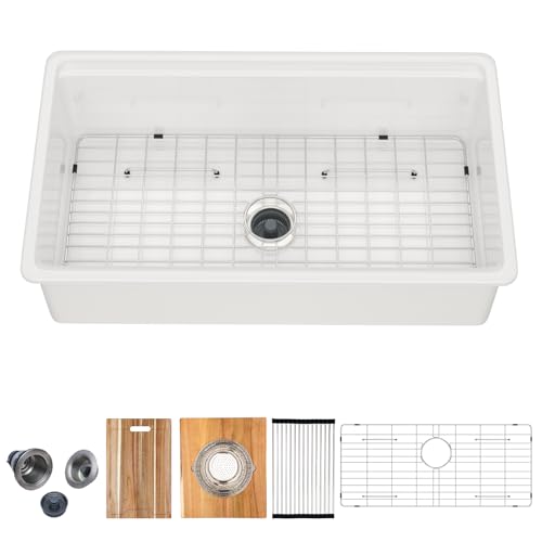 Talllor 33x19 White Undermount Kitchen Sink, Glossy White Fireclay Single Bowl Workstation Sink, High Fired 2130°C Ceramic Porcelain with Cutting Board, Pasta Strainer & Mixing Bowl #TLAC-0076