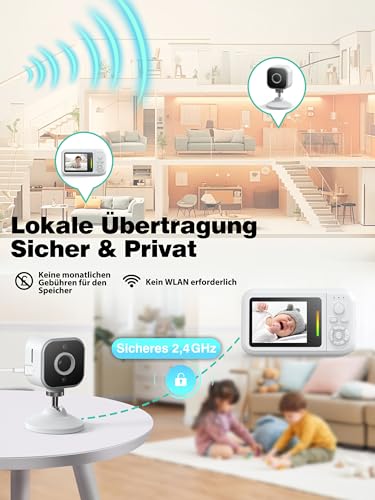 Babyphone mit Kamera Ohne WLAN, 1080P Baby Kamera Monitor mit Halterung & Bettclip, 2 Wege Audio, Temperatur, Weinen-Erkennung, Nachtsicht, 8 Schlaflieder, Foto- und Videoaufnahme, SD Karte Inklusive