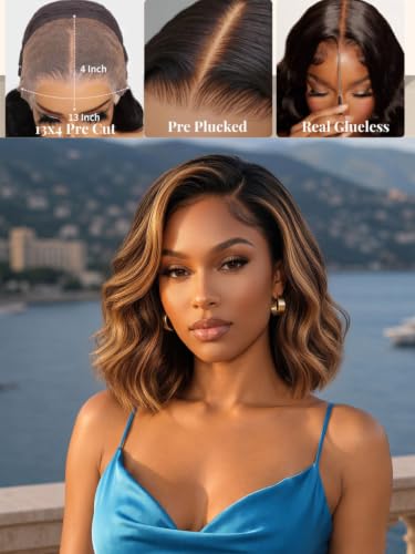 Image of Beauty Forever Glueless Bob Wig Human Hair 13x4 HD Lace Front Body Wave Drawstring Wig Chocolate Brown with Golden Highlights Pre Plucked Pre Cut French Bob 150% Density Ready to Wear 10inch
