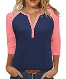 Heymiss Womens Tops 3/4 Sleeve Summer Tunic Tops Loose Fit V Neck Casual Blouses Spring Outfits Navy Pink XL