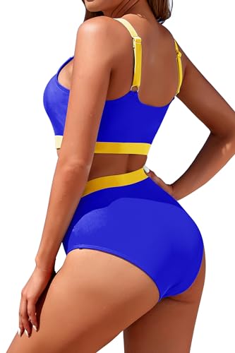 Image of Womens High Waisted Bikini Sets Sporty Crop Top Color Block Swimwear Bandeau Scoop Neck Vintage Two Piece Bathing Suits