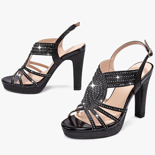 Image of Platform Heels for Women Sandals Dressy Sparkly Rhinestone Chunky