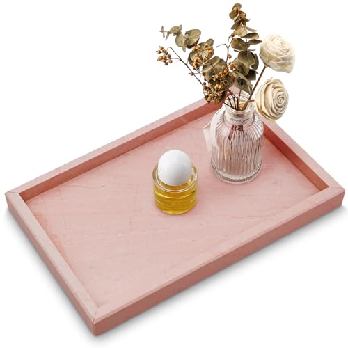 Image of Real Natural Marble Tray for Bathroom, Vanity, Kitchen and Desktop, Rectangle Genuine Marble Stone Tray for Jewelry, Cosmetics, Candles, Lotion, Perfume (Pink, 12 inch x 8 inch x 1.2 inch)