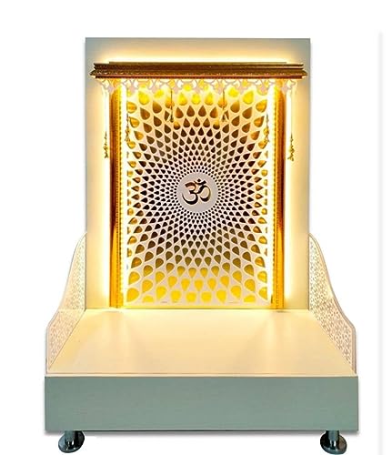 Mandir blanco de madera con luces artesanales para pared 2