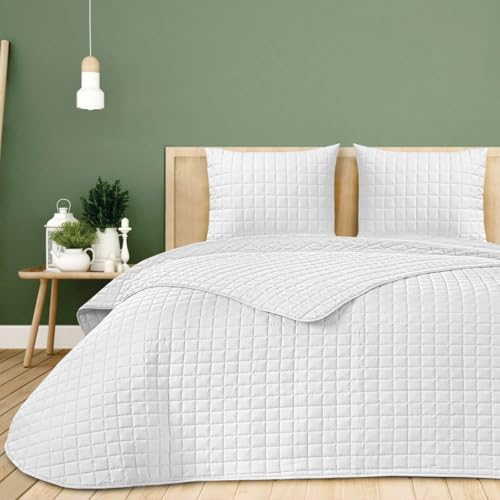 DHESTIA HOME - Colcha Bouti Reversible Albir Cosida Cuadros Hotel (190x260 cm - Cama 90/105, Blanco)