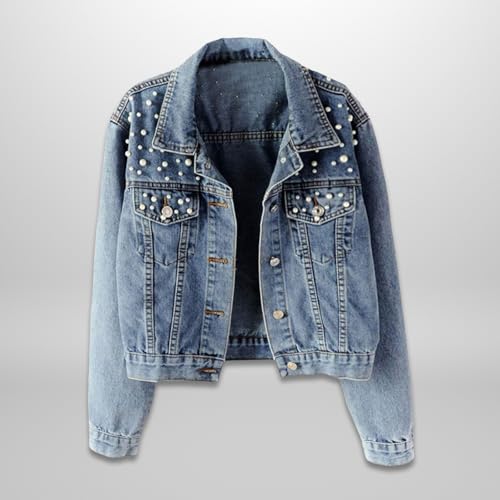 Oversized Denim Jacket Women Embroidered Pearls Short Crop Jean Jacket Button Down Distressed Denim Shacket Pockets2