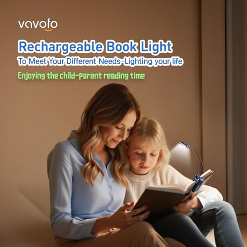 Image of VAVOFO Rechargeable Book Light for Reading in Bed Kids, 7 LED Reading Light with 9-Level Warm Cool White Daylight, Eye Care Lamp with Power Indicator for Bookworms (Metallic Grey)