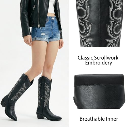 Cozivwaiy Women Cowboy Boots Embroidered Knee High Black Boots 1.96 Inch Heels Pull on Cowgirl Boot Pu Leather Country Concert Western Tall Boot Zipper Chunky 11 by Cozivwaiy - Used condition - Image 5