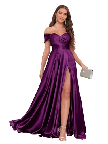 Image of JKMMYO Satin Bridesmaid Dresses for Women Off The Shoulder Pleated Long Formal Evening Dress