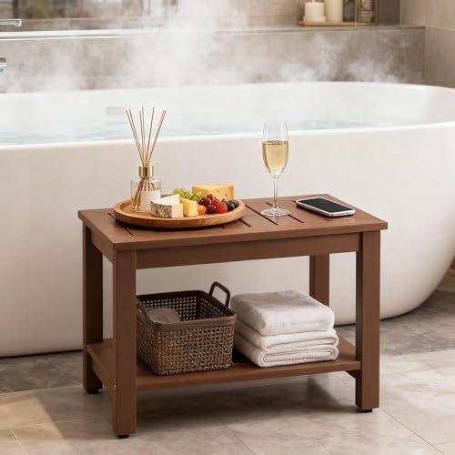 Image of Psilvam 28 inch Waterproof Poly Lumber Shower Bench with Storage Shelf, Brown