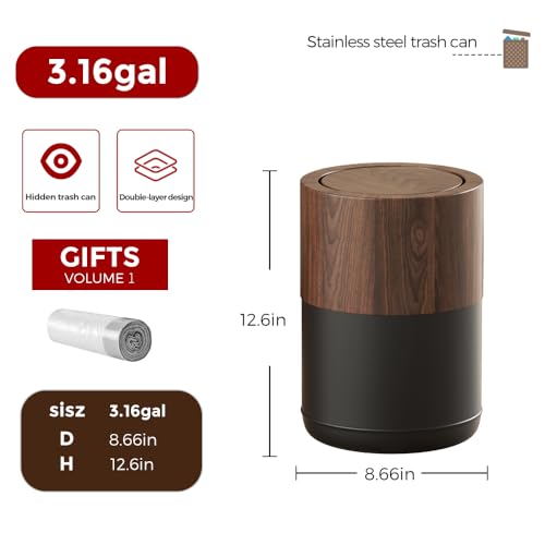 Image of 3.1 GAL Modern Metal Trash Can with Realistic Wood Texture,Built-in Bag Holder,Flip Lid,Small Bathroom Garbage Can for Bathroom,Home,Office,Living Room (3.1gal Swing lid)