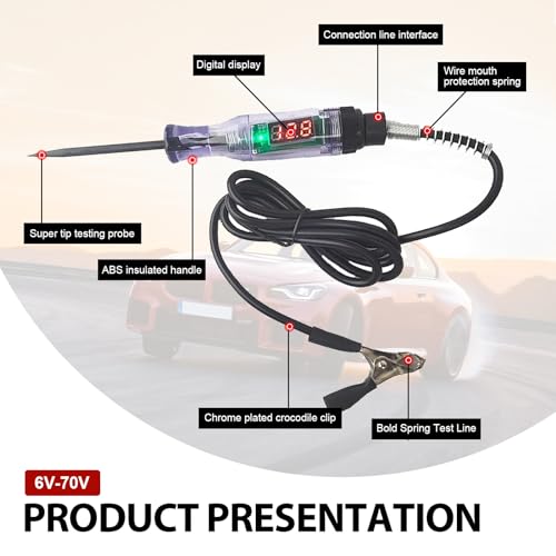 getfay 1 Pack Car Digital Display Test Pen, 3-70V Line Detector Replacement, Test Pen with ABS Handle, Automotive Repair Tool, Test Pen with Alligator Clip, Universal for Most Vehicles (Black #1) - Thumbnail 3