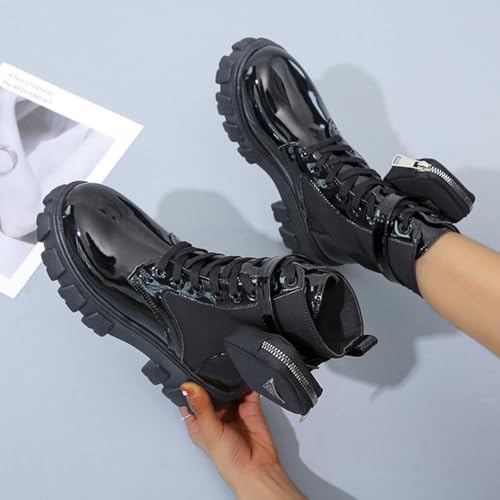 Women's Platform Block Lace Up Ankle Boots Fashion Round Closed Toe Low Heel Combat Short Boots With Pouch Pocket Punk Motorcycle Booties Fall Winter Shoes3