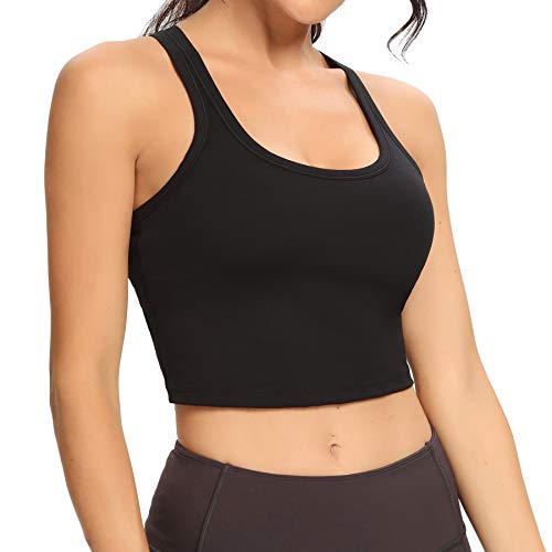 Lemedy Women Racerback Sports Bra Removable Padded Workout Yoga Crop Tank Top (Black, M)