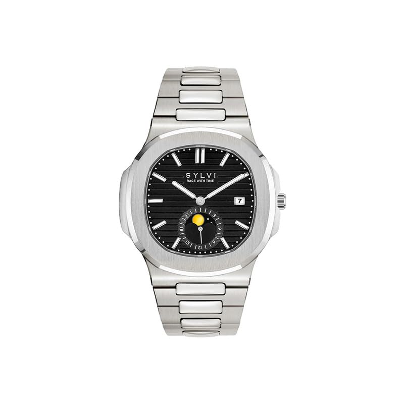 Image of Sylvi Urbane Moon Black Silver Analog Watch for Men | Premium Squircle Case Black Analog Watch | Stainless Steel Strap