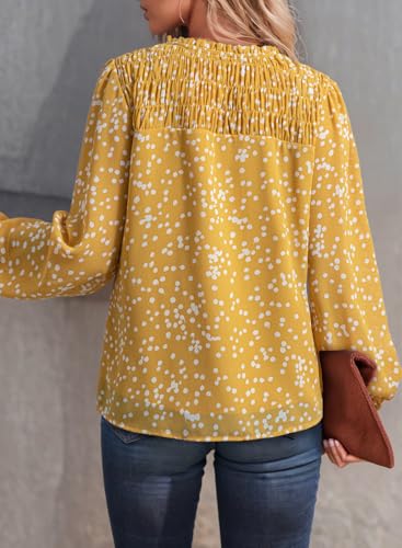 Dokotoo Womens Tops Spring Summer Blouses Boho Long Sleeve Shirts for Women Button Down V Neck Drawstring Babydoll Smocked Business Casual Outfits Ladies Elegant Blouses Plus Size Clothes Yellow XXL — view 5