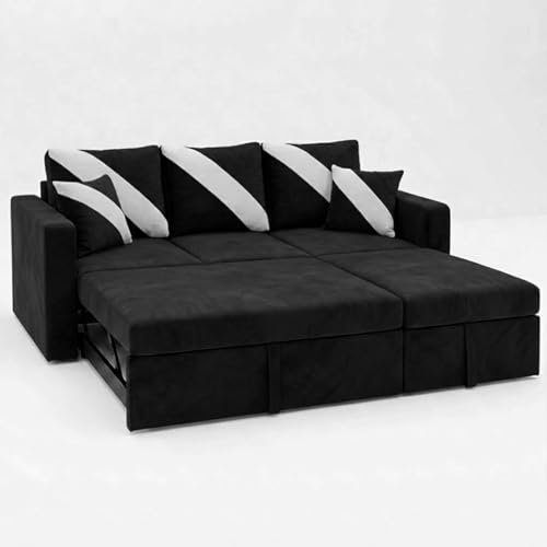 Image of FURNY Trivia 4 Seater RHS Lounger Sofa Cum Bed (Black) with Pull-Out Function | Luxury Velvet Suede Finish | Durable Comfort | Ideal for Living Room