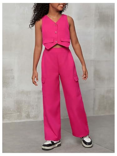 Image of Floerns Girl's Summer Two Piece Sets Button Up Waistcoat Vests Cargo Pants Clothing Sets