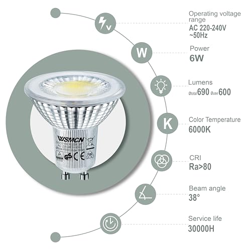 WSMCN GU10 LED Bulbs 6W, Cool White 6000K 600lm, 80W Halogen Bulb Equivalent, Energy Saving Light Bulbs, PAR16 Spotlight Bulb - Image 2