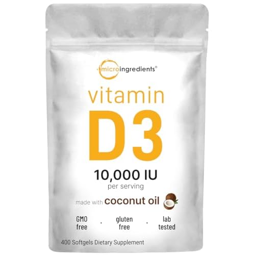 Micro Ingredients Vitamin D3 10,000 IU, 400 Softgels | Virgin Coconut Oil | Cholecalciferol Form | Bone, Immune & Heart Support | Easy to Swallow, Non-GMO