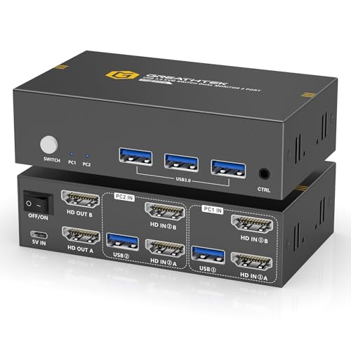 HDMI KVM Switch 2 Monitors 2 Computers 4K@60Hz, USB 3.0 KVM Switches for 2 Computers Share Keyboard/Mouse/Printer and 2 Monitor, Support Extended & Copy Modes Wide Compatibility, Plug-and-Play