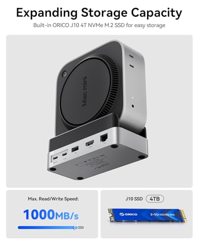 Image of ORICO MiniDock and Stand Compatibility with Mac mini M4, 9-in-1 Aluminum Hub with 4TB NVMe M.2 SSD, 10Gbps USB-C & USB-A,5Gbps USB-A,4K HDMI, Gigabit Ethernet, SD /TF Card Readers,Type-C(PD3.0)
