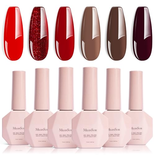 Image of MelodySusie Red Brown Gel Nail Polish Set - 6 Colors Burgundy Red Glitter Beige Brown Soak Off UV LED Gel Polish Gift for Women Nail Art Manicure Salon DIY Nail Design Decoration at Home