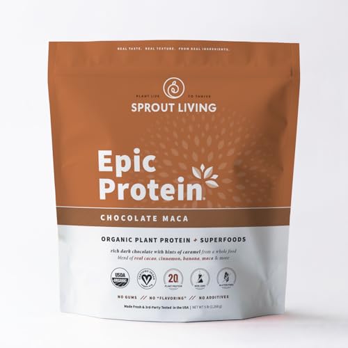 Image of Sprout Living Epic Protein, Plant Based Protein & Superfoods Powder, Chocolate Maca Powder | 20 Grams Organic Protein Powder, Vegan, Non Dairy, Non-GMO, Gluten Free, Low Sugar (5 Pound, 60 Servings)