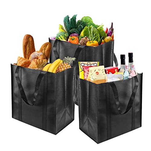 TSHAOUN 2 Pack Black Shopping Bags, Reusable Shopping Bag Grocery Bag Tote Bag, Foldable, Washable, Stands Upright, Reinforced Bag with Small Hook for Life, Family, Holiday, Picnic, Camping (2 Pack)