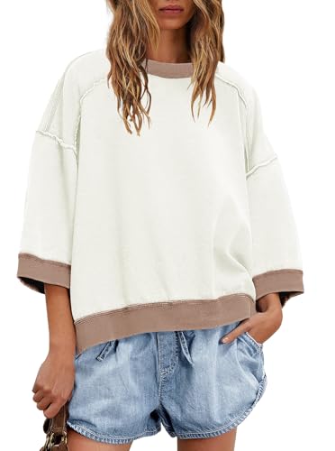 Panadila Womens Oversized Short Sleeve Sweatshirt Crewneck 3/4 Sleeve Tops Summer Cute Color Block Pullover Sweatshirt2