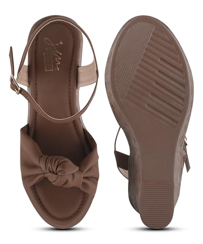 Image of JM LOOKS Elegant Ruched Knot Wedge Sandals with Woven Texture Heel and Adjustable Ankle Strap Comfort