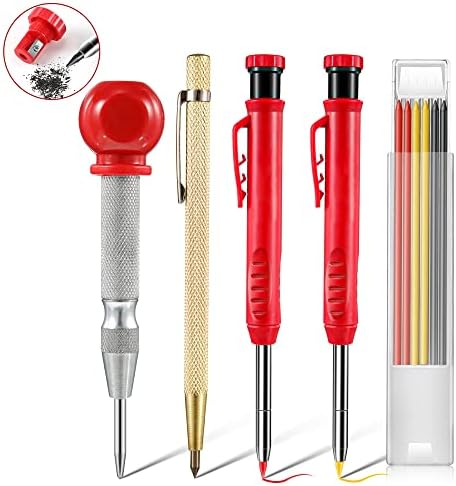 Carpenter Pencil Set, Builders Pencil With 6 Tracer Refills, Work Marking Pencils With Center Punch Metal Scribe, Carpentry Tools and Equipment, Solid Mechanical Pen for Woodwork/Construction