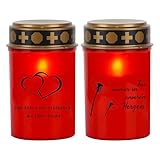 LED Grabkerze, 2 Stück Grabschmuck Wetterfest Grablichter Kerze, 12.3*7cm Kunststoff Grablicht Kerzen mit Realistischem Flackereffekt, Herzform und Löwenzahn Trauerkerze Grablaterne für Draußen (Rot)