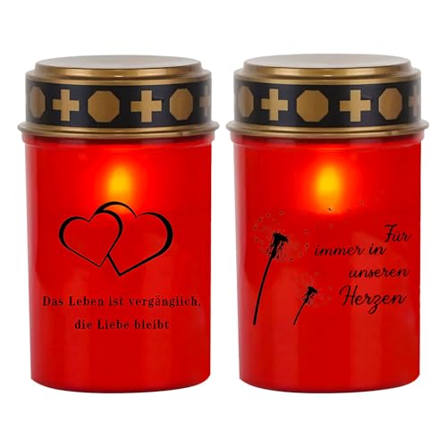 LED Grabkerze, 2 Stück Grabschmuck Wetterfest Grablichter Kerze, 12.3*7cm Kunststoff Grablicht Kerzen mit Realistischem Flackereffekt, Herzform und Löwenzahn Trauerkerze Grablaterne für Draußen (Rot)