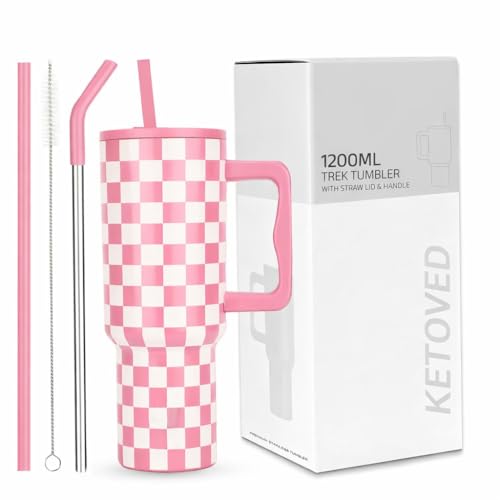 Image of Tumbler with lid and Straw 1200ML Cup Stainless Steel Insulated Cup for Water, Iced Tea or Coffee 1.2L Office Gym Travelling; Tumbler with Straw. (40-Oz-Pink Checks)