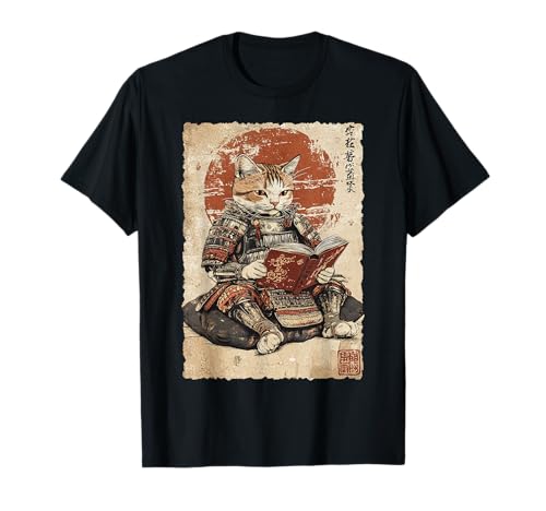 Vintage Otaku anime japonês tatuagem samurai gato leitura crianças t-shirt, Preto, S
