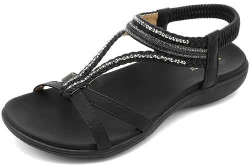 Image of UBFEN Womens Bohemian Flat Sandals With Back Strap Summer Beach Comfortable Bling